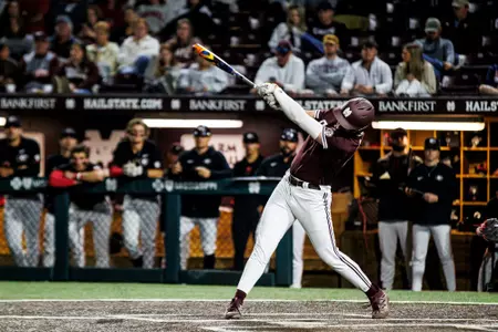 Jackson McKenzie STARKVILLE, MS - April 05, 2024 - Mississippi State Infielder/Outfielder/Pitcher Jackson McKenzie (#46) during the game between the Georgia Bulldogs and the Mississippi State Bulldogs at Dudy Noble Field at Polk-Dement Stadium in Starkville, MS. Photo By Mike Mattina