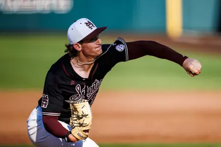 Nolan Stevens STARKVILLE, MS - April 21, 2024 - Mississippi State Pitcher/Infielder/Outfielder Nolan Stevens (#36) during the game between the Auburn Tigers and the Mississippi State Bulldogs at Dudy Noble Field at Polk-Dement Stadium in Starkville, MS. Photo By Mike Mattina