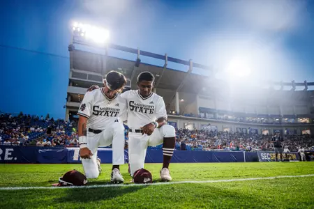 Michael O'Brien HOOVER, AL - May 21, 2024 - Mississippi State Infielder Amani Larry (#8) and Mississippi State Outfielder Michael O'Brien (#32) during the SEC Tournament game between the Ole Miss Rebels and Mississippi State Bulldogs at MetLife Stadium in Hoover, AL. Photo By Jaden Powell
