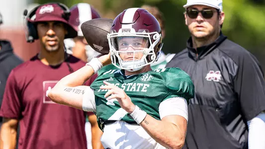 STARKVILLE, MS - August 07, 2024 - Mississippi State Quarterback Blake Shapen (#2) during a training camp practice at the Leo Seal Jr. Football Complex at Mississippi State University in Starkville, MS. Photo By Bryce Mitchell