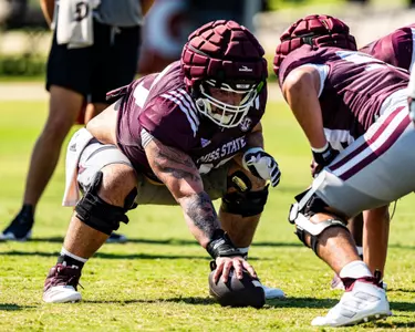 STARKVILLE, MS - August 03, 2024 - Mississippi State Offensive Lineman Ethan Miner (#67) during a training camp practice at the Leo Seal Jr. Football Complex at Mississippi State University in Starkville, MS. Photo By Bryce Mitchell