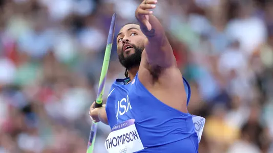 PARIS, FRANCE - AUGUST 06: Curtis Thompson of Team United States competes during the Men's Javelin Throw Qualification on day eleven of the Olympic Games Paris 2024 at Stade de France on August 06, 2024 in Paris, France. (Photo by Patrick Smith/Getty Images)