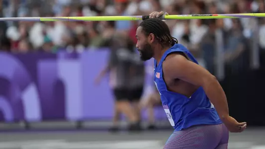 Aug 6, 2024; Saint-Denis, FRANCE; Curtis Thompson (USA) reacts in the men's javelin throw qualifications during the Paris 2024 Olympic Summer Games at Stade de France. Mandatory Credit: Kirby Lee-USA TODAY Sports