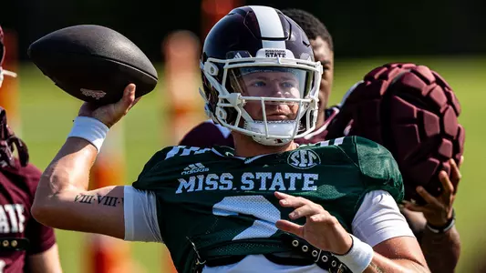 STARKVILLE, MS - August 05, 2024 - Mississippi State Quarterback Blake Shapen (#2) during a training camp practice at the Leo Seal Jr. Football Complex at Mississippi State University in Starkville, MS. Photo By Bryce Mitchell