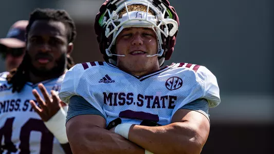 STARKVILLE, MS - August 06, 2024 - Mississippi State Linebacker Stone Blanton (#7) during a training camp practice at the Leo Seal Jr. Football Complex at Mississippi State University in Starkville, MS. Photo By Bryce Mitchell