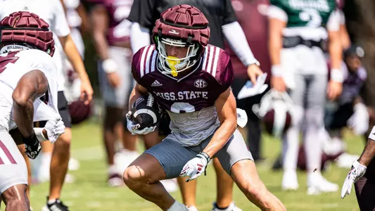 STARKVILLE, MS - August 05, 2024 - Mississippi State Wide Receiver Creed Whittemore (#8) during a training camp practice at the Leo Seal Jr. Football Complex at Mississippi State University in Starkville, MS. Photo By Bryce Mitchell