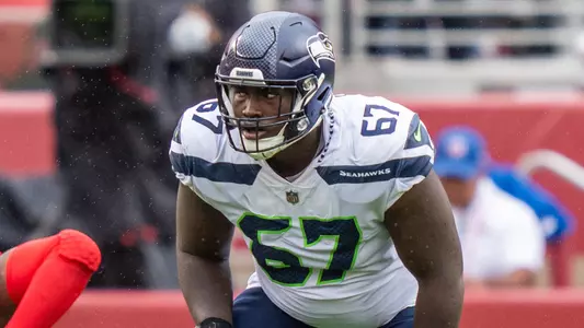 September 18, 2022; Santa Clara, California, USA; Seattle Seahawks offensive tackle Charles Cross (67) during the second quarter against the San Francisco 49ers at Levi's Stadium. Mandatory Credit: Kyle Terada-USA TODAY Sports