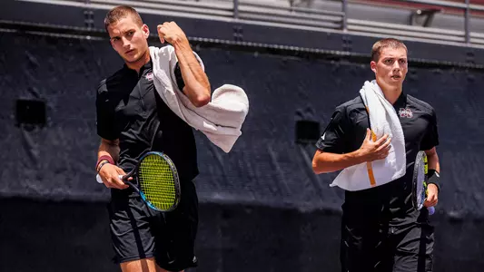 STARKVILLE, MS - May 04, 2024 - Mississippi State's Benito Sanchez Martinez and Mississippi State's Petar Jovanovic during the match between the Middle Tennessee Blue Raiders and the Mississippi State Bulldogs at the AJ Pitts Tennis Centre in Starkville, MS. Photo By Jaden Powell