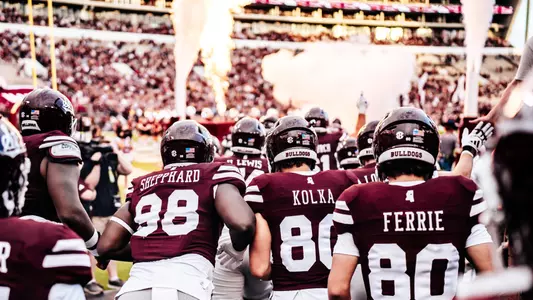 STARKVILLE, MS - September 14, 2024 - Mississippi State Defensive Lineman Ashun Shepphard (#98) and Mississippi State Kicker Kyle Ferrie (#80) during the game between the between the Toledo Rockets and the Mississippi State Bulldogs at Davis Wade Stadium at Scott Field in Starkville, MS. Photo By Natalie Clark