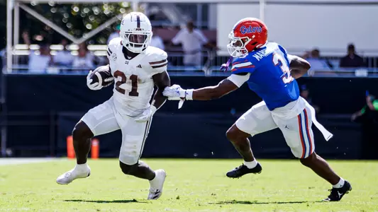STARKVILLE, MS - September 21, 2024 - Mississippi State Running Back Davon Booth (#21) during the game between the Florida Gators and the Mississippi State Bulldogs at Davis Wade Stadium at Scott Field in Starkville, MS. Photo By Mike Mattina