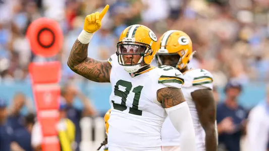 Sep 22, 2024; Nashville, Tennessee, USA; Green Bay Packers defensive end Preston Smith (91)celebrates his sack against the Tennessee Titans during the second half at Nissan Stadium. Mandatory Credit: Steve Roberts-Imagn Images