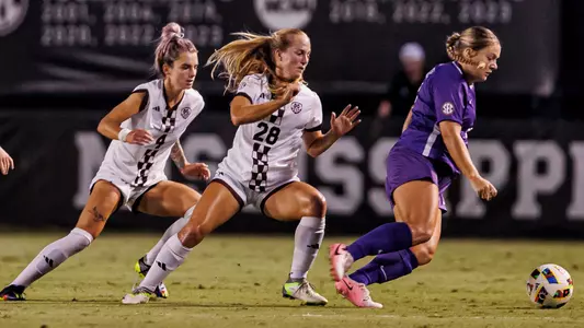 STARKVILLE, MS - September 29, 2024 - Mississippi State Midfielder Macey Hodge (#4) and Mississippi State Defender Price Loposer (#28) during the match between the LSU Tigers and the Mississippi State Bulldogs at the MSU Soccer Field in Starkville, MS. Photo By Mike Mattina