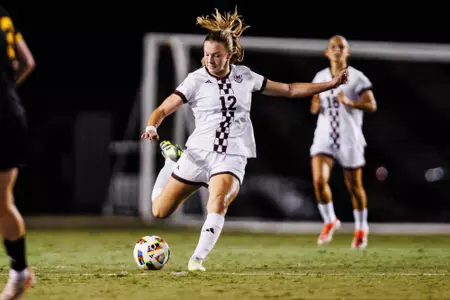 STARKVILLE, MS - August 09, 2024 - Mississippi State Midfielder/Forward Sierra Bergen (#12) during the match between the ULM Warhawks and the Mississippi State Bulldogs at the MSU Soccer Field in Starkville, MS. Photo By Mike Mattina