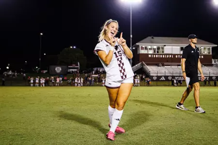 STARKVILLE, MS - August 09, 2024 - Mississippi State Forward/Midfielder McKinnan Braswell (#15) during the match between the ULM Warhawks and the Mississippi State Bulldogs at the MSU Soccer Field in Starkville, MS. Photo By Mike Mattina