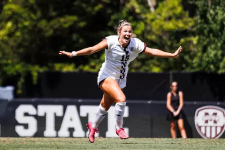 STARKVILLE, MS - August 18, 2024 - Mississippi State Forward/Midfielder McKinnan Braswell (#15) during the match between the Northwestern State Lady Demons and the Mississippi State Bulldogs at the MSU Soccer Field in Starkville, MS. Photo By Mike Mattina