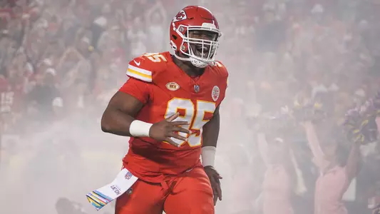 Oct 12, 2023; Kansas City, Missouri, USA; Kansas City Chiefs defensive tackle Chris Jones (95) runs on field against the Denver Broncos prior to a game at GEHA Field at Arrowhead Stadium. Mandatory Credit: Denny Medley-USA TODAY Sports