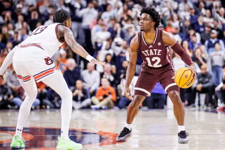 AUBURN, AL - January 14, 2025 - Mississippi State Guard Josh Hubbard (#12) during the game between the Auburn Tigers and the Mississippi State Bulldogs at Neville Arena in Auburn, AL. Photo By Mike Mattina