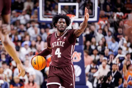 AUBURN, AL - January 14, 2025 - Mississippi State Guard/Forward Cameron Matthews (#4) during the game between the Auburn Tigers and the Mississippi State Bulldogs at Neville Arena in Auburn, AL. Photo By Mike Mattina