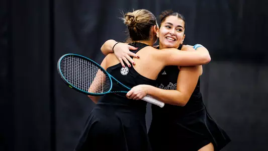 STARKVILLE, MS - January 18, 2025 - Mississippi State's Alessia Tagliente and Mississippi State's Chiara Di Genova during the match between the Bellarmine Knights and the Mississippi State Bulldogs at the Rula Tennis Pavilion in Starkville, MS. Photo By Ivy Rose Ball