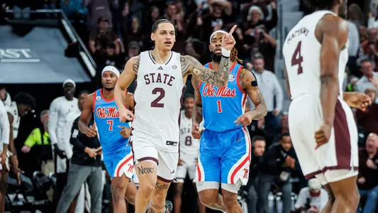STARKVILLE, MS - January 18, 2025 - Mississippi State Guard Riley Kugel (#2) during the game between the Ole Miss Rebels and the Mississippi State Bulldogs at Humphrey Coliseum in Starkville, MS. Photo By Will Porada