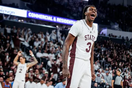 STARKVILLE, MS - January 18, 2025 - Mississippi State Forward KeShawn Murphy (#3) during the game between the Ole Miss Rebels and the Mississippi State Bulldogs at Humphrey Coliseum in Starkville, MS. Photo By Mike Mattina