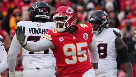 Jan 18, 2025; Kansas City, Missouri, USA; Kansas City Chiefs defensive tackle Chris Jones (95) reacts after a sack against the Houston Texans during the first quarter of a 2025 AFC divisional round game at GEHA Field at Arrowhead Stadium. Mandatory Credit: Denny Medley-Imagn Images