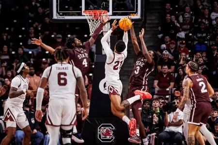 COLUMBIA, SC - January 25, 2025 - Mississippi State Guard/Forward Cameron Matthews (#4) and Mississippi State Forward KeShawn Murphy (#3) during the game between the South Carolina Gamecocks and the Mississippi State Bulldogs at Colonial Life Arena in Columbia, SC. Photo By Mike Mattina