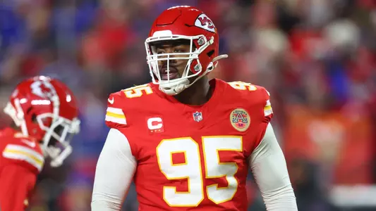 Jan 26, 2025; Kansas City, MO, USA;Kansas City Chiefs defensive tackle Chris Jones (95) reacts after a play against the Buffalo Bills during the first quarter in the AFC Championship game at GEHA Field at Arrowhead Stadium. Mandatory Credit: Mark J. Rebilas-Imagn Images