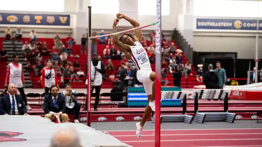 FAYETTEVILLE, AR - February 24, 2024 - Mississippi State Jumper Sherman Hawkins during the SEC Indoor Track Championships at Randal Tyson Track Center in Fayetteville, AR. Photo by Gunnar Rathbun for Mississippi State Athletics