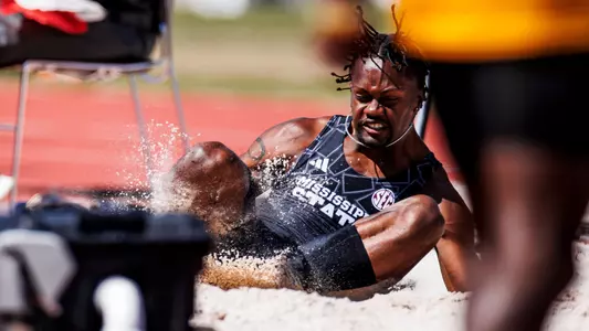 STARKVILLE, MS - March 23, 2024 - Mississippi State Sprinter/Jumper Kennedy Stringfellow during the Alumni Bulldog Relays at the Mike Sanders Track Complex in Starkville, MS. Photo By Mike Mattina