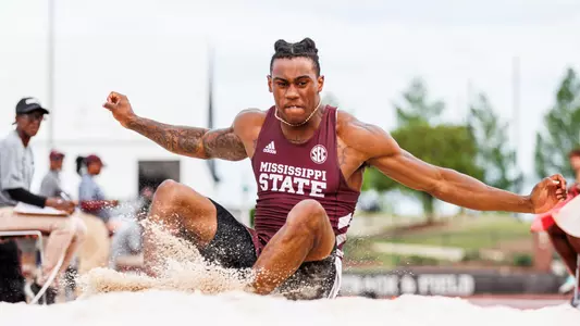 STARKVILLE, MS - April 26, 2024 - Mississippi State Jumper Sherman Hawkins during the Maroon and White Invitational at the Mike Sanders Track Complex in Starkville, MS. Photo By Mike Mattina