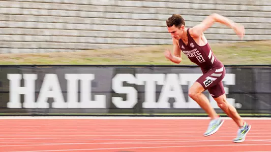 STARKVILLE, MS - April 26, 2024 - Mississippi State Distance Runner Gram Russell during the Maroon and White Invitational at the Mike Sanders Track Complex in Starkville, MS. Photo By Mike Mattina
