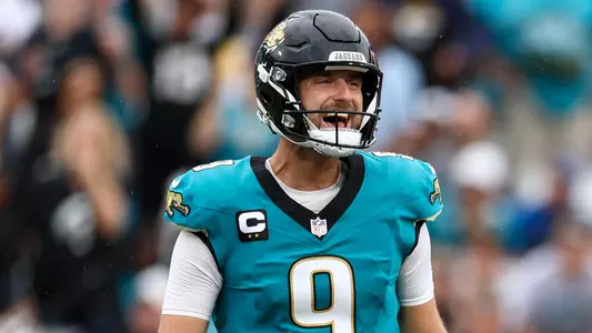 Oct 6, 2024; Jacksonville, Florida, USA; Jacksonville Jaguars place kicker Cam Little (39) celebrates with punter Logan Cooke (9) after kicking a game winning field goal against the Indianapolis Colts in the fourth quarter at EverBank Stadium. Mandatory Credit: Nathan Ray Seebeck-Imagn Images