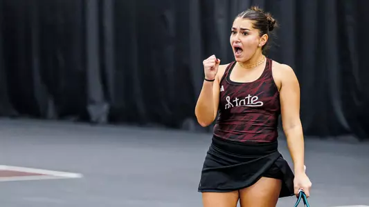 STARKVILLE, MS - January 18, 2025 - Mississippi State's Alessia Tagliente during the match between the Samford Bulldogs and the Mississippi State Bulldogs at the Rula Tennis Pavilion in Starkville, MS. Photo By Ivy Rose Ball
