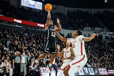 STARKVILLE, MS - January 29, 2025 - Mississippi State Guard Josh Hubbard (#12) during the game between the Alabama Crimson Tide and the Mississippi State Bulldogs at Humphrey Coliseum in Starkville, MS. Photo By Will Porada