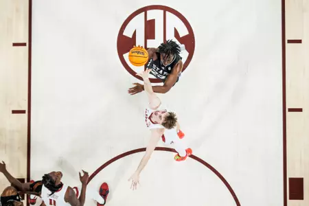 STARKVILLE, MS - January 29, 2025 - Mississippi State Center Michael Nwoko (#23) during the game between the Alabama Crimson Tide and the Mississippi State Bulldogs at Humphrey Coliseum in Starkville, MS. Photo By Mike Mattina