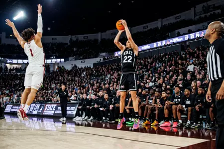 STARKVILLE, MS - January 29, 2025 - Mississippi State Forward RJ Melendez (#22) during the game between the Alabama Crimson Tide and the Mississippi State Bulldogs at Humphrey Coliseum in Starkville, MS. Photo By Mike Mattina