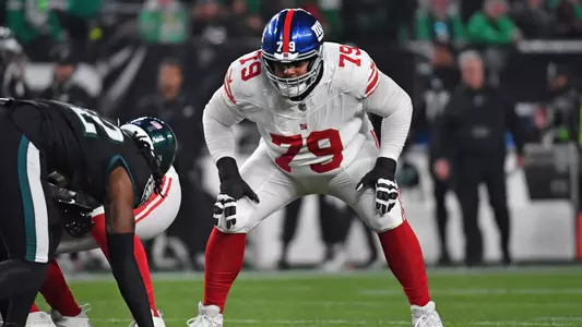 Dec 25, 2023; Philadelphia, Pennsylvania, USA; New York Giants offensive tackle Tyre Phillips (79) against the Philadelphia Eagles at Lincoln Financial Field. Mandatory Credit: Eric Hartline-USA TODAY Sports