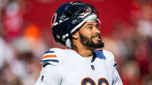 Dec 8, 2024; Santa Clara, California, USA; Chicago Bears defensive end Montez Sweat (98) warms up before the game against the San Francisco 49ers at Levi's Stadium. Mandatory Credit: Bob Kupbens-Imagn Images