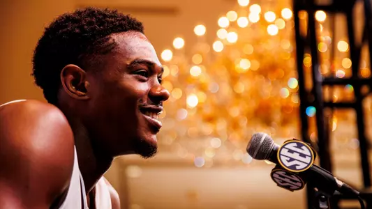 BIRMINGHAM, AL - October 15, 2025 - Mississippi State Guard Shawn Jones Jr. (#5) during 2025 SEC Media Day at The Grand Bohemian Hotel in Birmingham, AL. Photo By Mike Mattina