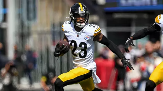 Sep 21, 2025; Foxborough, Massachusetts, USA; Pittsburgh Steelers cornerback Darius Slay (23) reacts after a fumble recovery during the first quarter at Gillette Stadium. Mandatory Credit: Brian Fluharty-Imagn Images