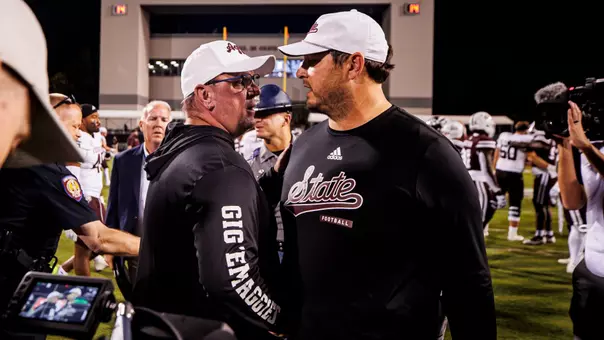 STARKVILLE, MS - October 19, 2024 - Mississippi State Head Coach Jeff Lebby during the game between the Texas A&M Aggies and the Mississippi State Bulldogs at Davis Wade Stadium at Scott Field in Starkville, MS. Photo By Mike Mattina