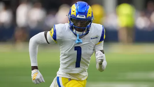 Sep 7, 2025; Inglewood, California, USA; Los Angeles Rams cornerback Emmanuel Forbes Jr. (1) in the second half against the Houston Texans at SoFi Stadium. Mandatory Credit: Kirby Lee-Imagn Images