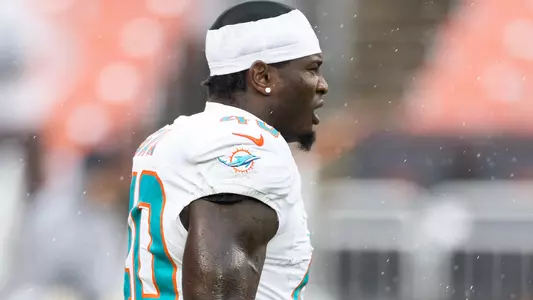 Oct 19, 2025; Cleveland, Ohio, USA; Miami Dolphins linebacker Willie Gay Jr. (40) walks off the field following warm ups before the game against the Cleveland Browns at Huntington Bank Field. Mandatory Credit: Scott Galvin-Imagn Images
