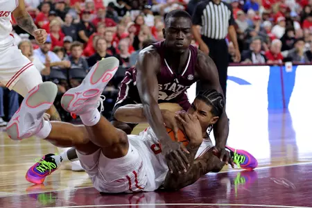 HOUSTON, TX - October 26, 2025 - Mississippi State Forward Achor Achor (#99) during the game between the Houston Cougars and the Mississippi State Bulldogs at Fertitta Center in Houston, TX. Photo By Erik Williams