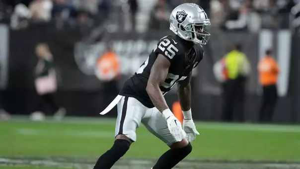 Dec 16, 2024; Paradise, Nevada, USA; Las Vegas Raiders cornerback Decamerion Richardson (25) against the Atlanta Falcons in the second half at Allegiant Stadium. Mandatory Credit: Kirby Lee-Imagn Images