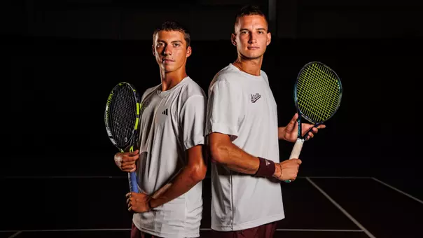 STARKVILLE, MS - August 26, 2024 - Mississippi State's Petar Jovanovic and Mississippi State's Benito Sanchez Martinez during production day at the Rula Tennis Pavilion in Starkville, MS. Photo By Hallie Walker
