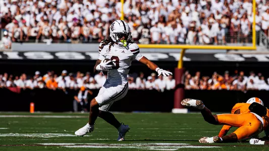 STARKVILLE, MS - September 27, 2025 - Mississippi State Wide Receiver Anthony Evans III (#3) during the game between the Tennessee Volunteers and the Mississippi State Bulldogs at Davis Wade Stadium at Scott Field in Starkville, MS. Photo By Mike Mattina