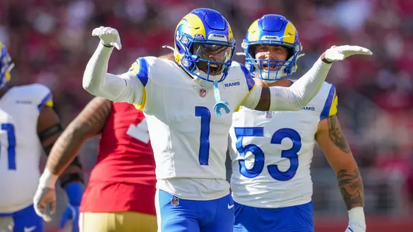 Nov 9, 2025; Santa Clara, California, USA; Los Angeles Rams cornerback Emmanuel Forbes Jr. (1) celebrates after a play during the first quarter against the San Francisco 49ers at Levi's Stadium. Mandatory Credit: Cary Edmondson-Imagn Images