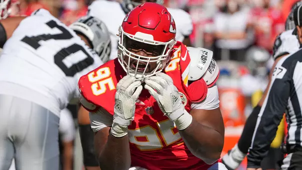 Oct 19, 2025; Kansas City, Missouri, USA; Kansas City Chiefs defensive end Chris Jones (95) celebrates after a sack against the Las Vegas Raiders during the third quarter of the game at GEHA Field at Arrowhead Stadium. Mandatory Credit: Denny Medley-Imagn Images